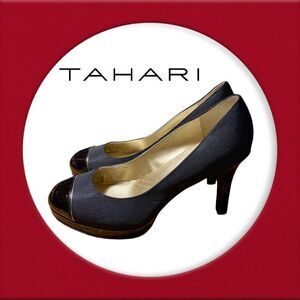 Tahari "Laurie" Grosgrain Black Patent Pumps 10